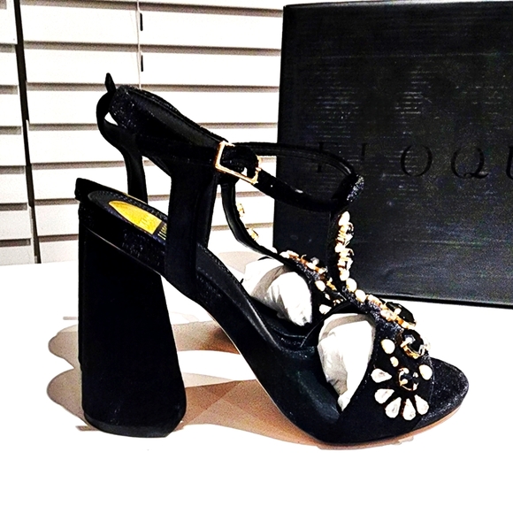 NIB Eloquii T-Strap 4" High Heeled Chucky Heel Velvet Beaded Shoes 10W - Picture 3 of 8